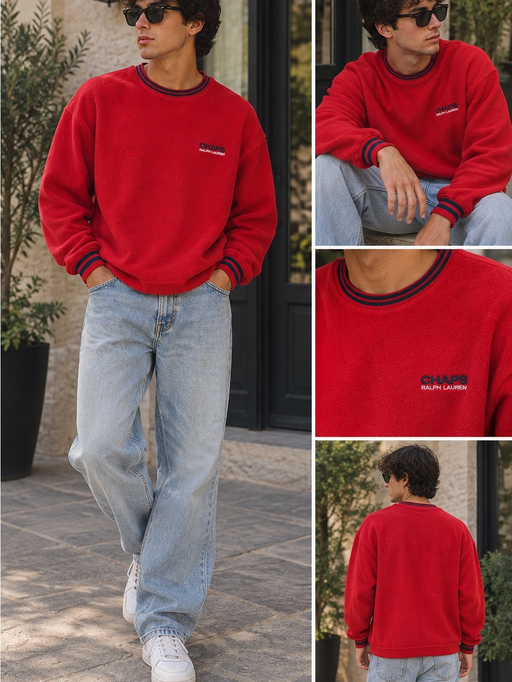 Vintage Ralph Lauren Red Crewneck Sweater with Navy Trim